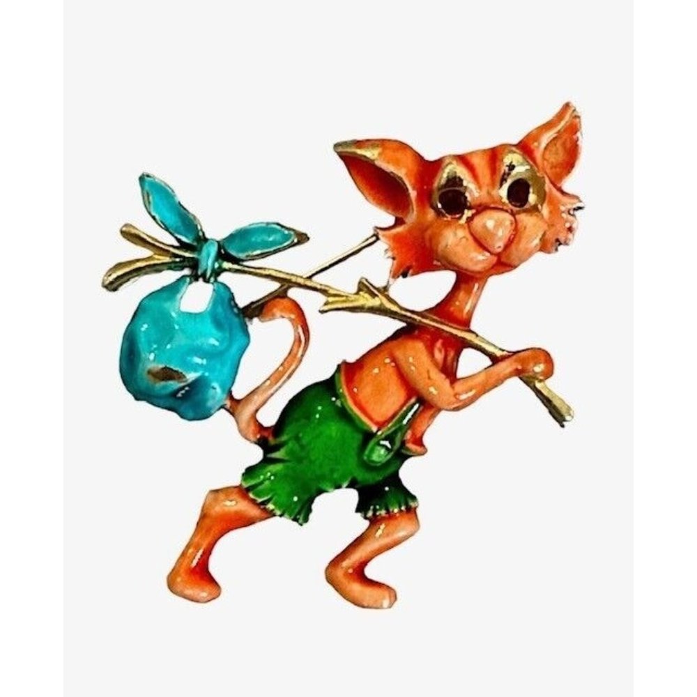 Vintage LG Enamel Hobo Orange Cat Blue Bag on Stick Brooch Pin Green Shorts Rare